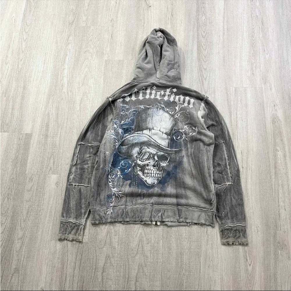 Affliction Skull Goth Emo Full Zip Hooded Sweatshirt Size Medium M Gray SO RARE